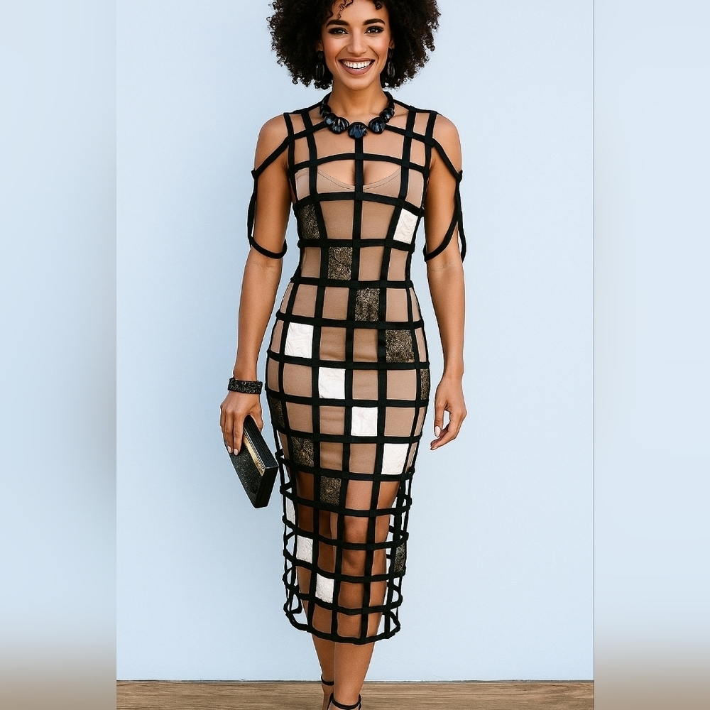 Handmade Chic Black and Cream Grid Dress.  Under Dress Not Included. Size 10